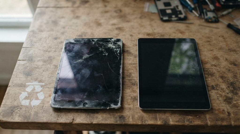 Close-up overhead shot of electronic waste comparison showin