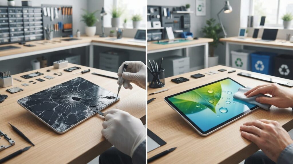Before and after split-screen photography of a damaged table