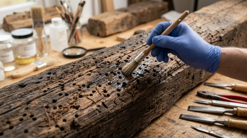 Detailed macro photography of wood boring beetle damage patt