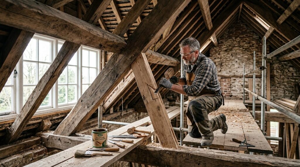 Sustainable renovation scene: craftsman working on original