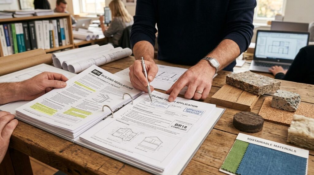 Close-up of an architects hands reviewing BR18 building reg