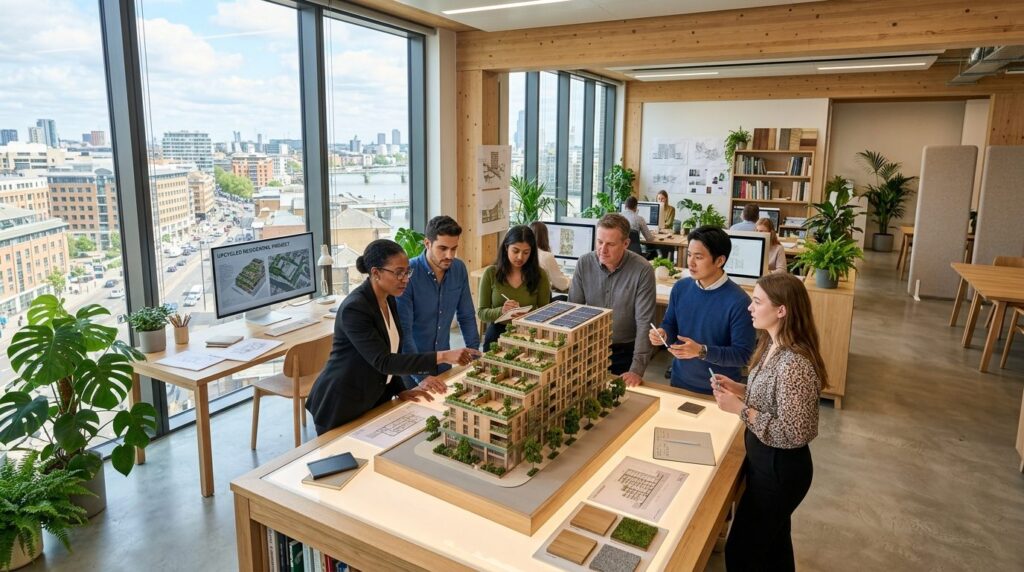 Wide shot of a modern architectural office with diverse team