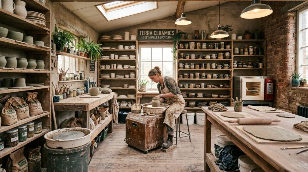 Wide angle view of eco-conscious ceramic studio interior fea