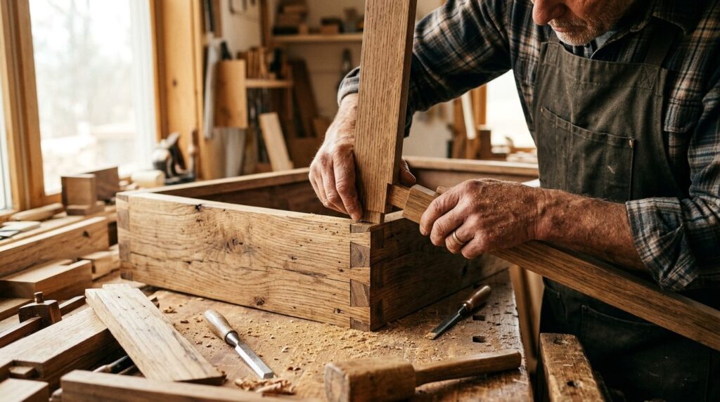 Close-up detail shot of artisan woodworking on custom kitche