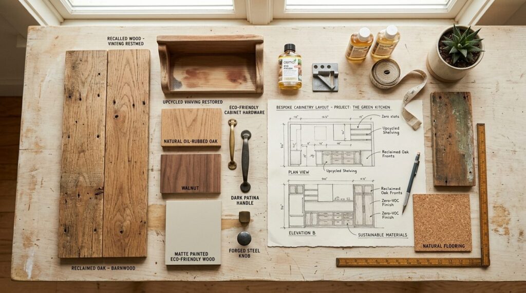 Flat-lay composition of sustainable kitchen materials and de
