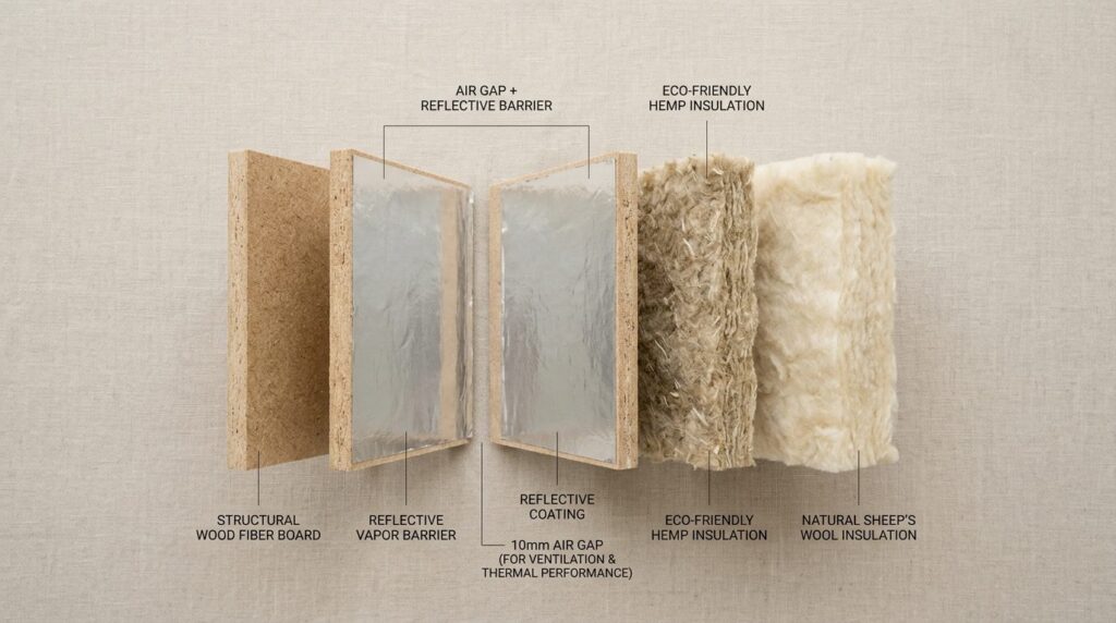 Minimalist flat lay of layered insulation materials demonstr