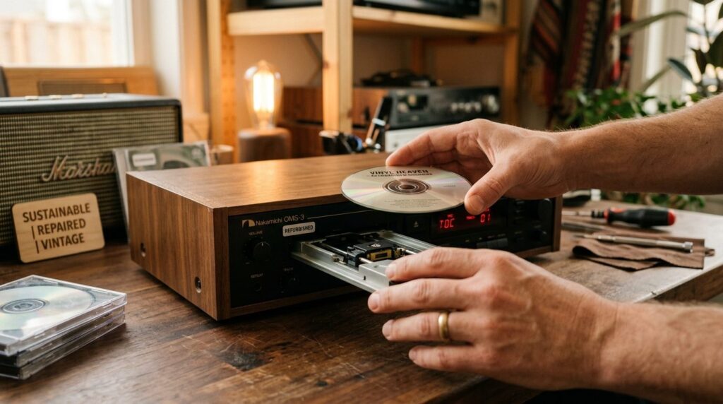 Close-up detail shot of hands carefully placing a CD into a 