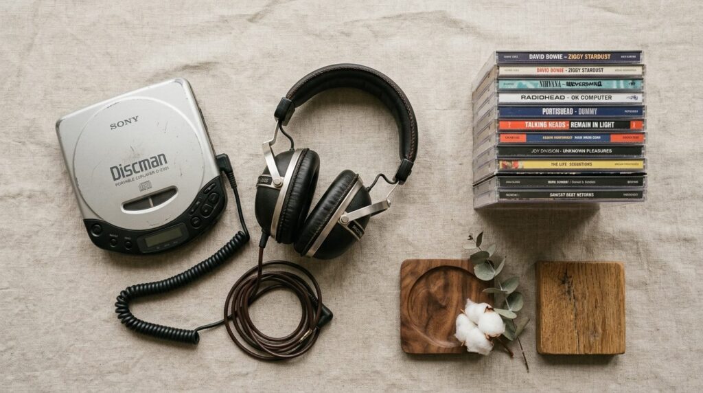 Flat lay lifestyle photography of upcycled music collection: