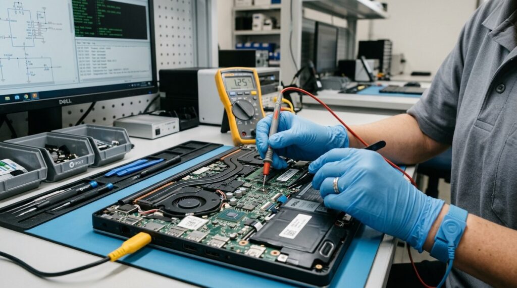 Teknikkers hænder inspicerer en computer-komponent tæt på.