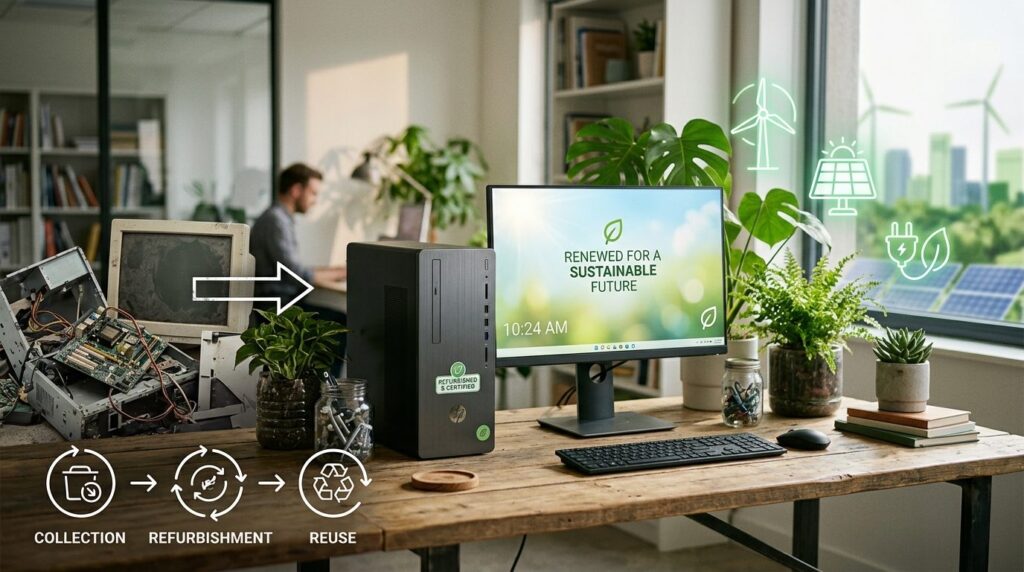 Grafisk illustration af cirkulær økonomi med genopbygget stationær computer.