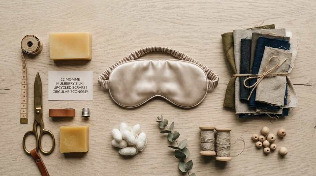 Overhead flat lay composition showing sustainable fashion ci