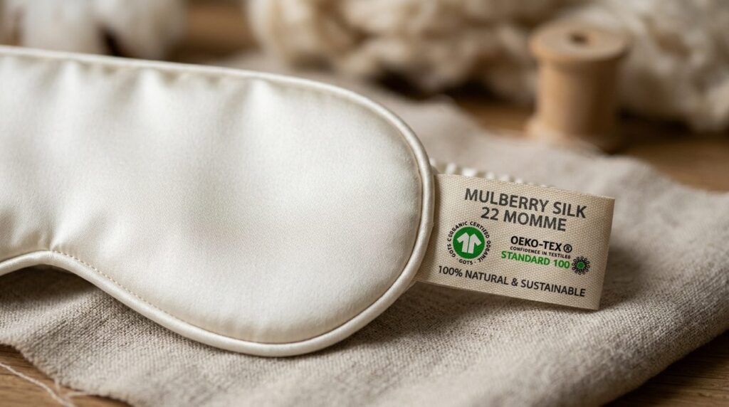 Close-up detailed photography of 22 momme mulberry silk text