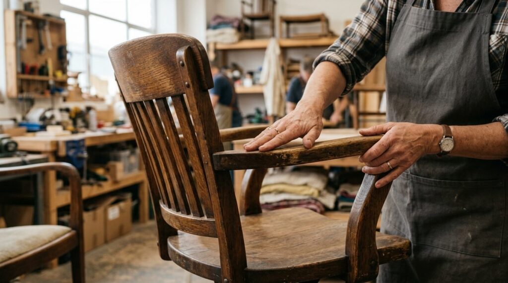 Close-up of hands holding a wooden office chair being assess