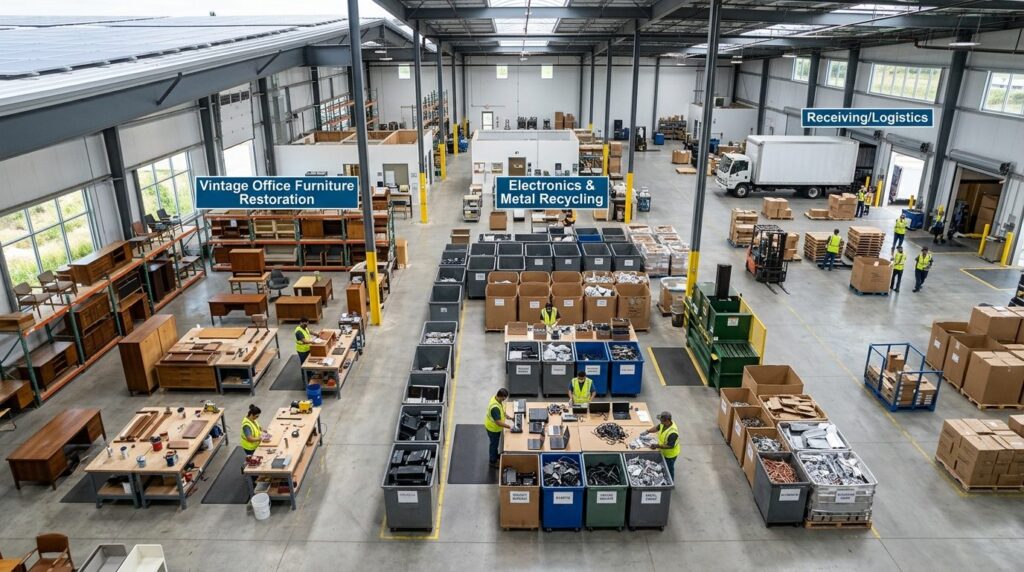 Aerial view of an organized corporate moving warehouse showi