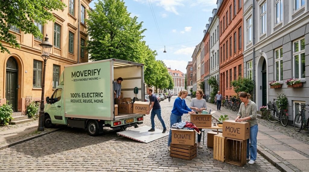 Wide shot of a sunny Frederiksberg street with renovated tow