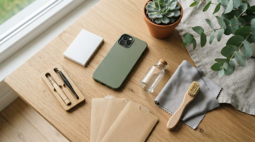 Photorealistic stock image, 16:9 format: Flat lay compositio