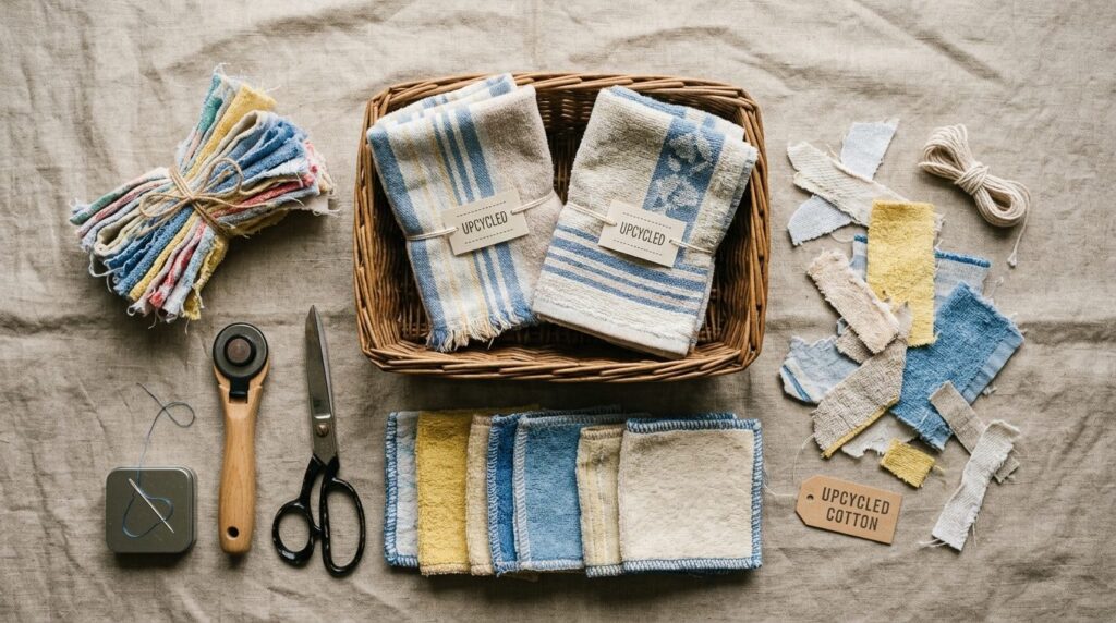 Flat lay creative upcycling scene showing old worn cotton to