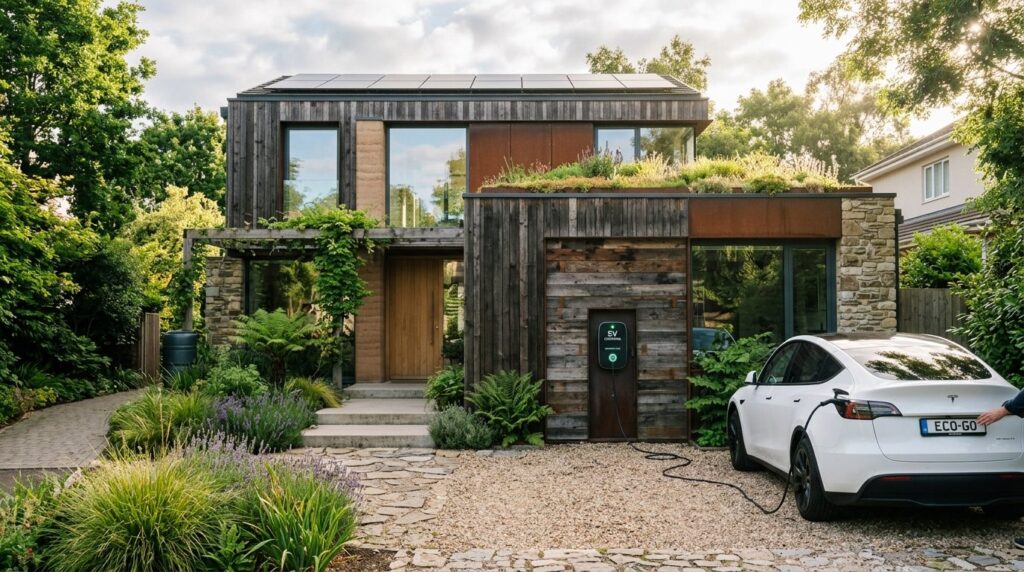Sustainable eco-conscious home exterior with newly installed