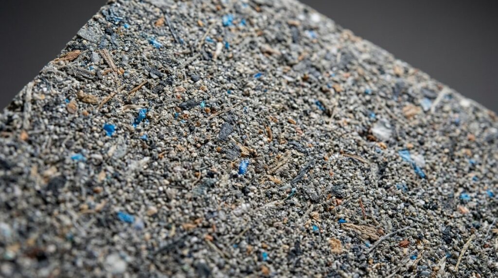 Close-up photorealistic detail shot of recycled plastic comp