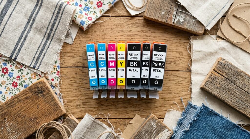 Close-up overhead shot of colorful compatible printer ink ca