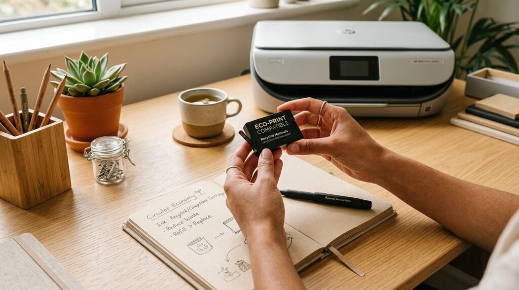 Lifestyle photograph of hands holding a compatible ink cartr