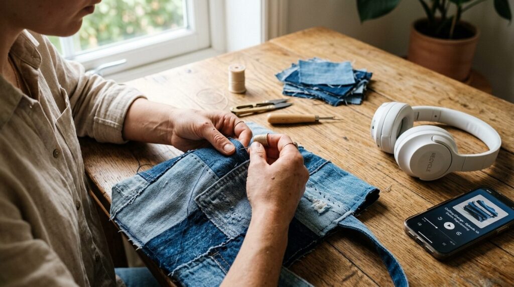 Close-up lifestyle shot of hands working on an upcycling cra