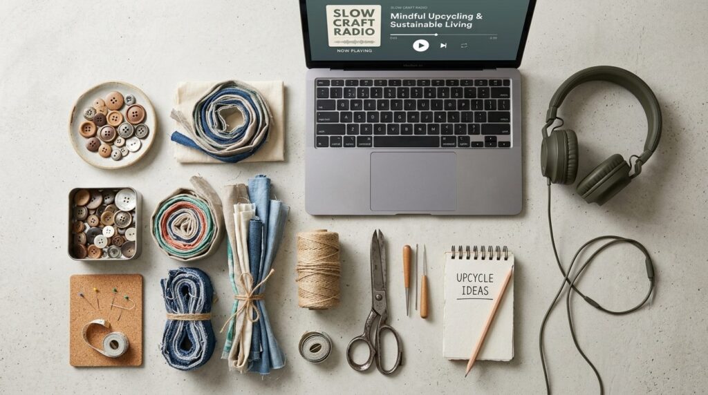 Overhead flat-lay photography of a minimalist upcycling work