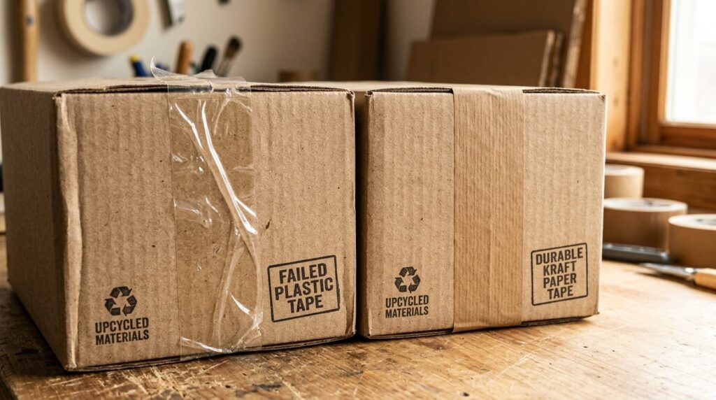 Close-up comparison shot of two tape types side by side: cle