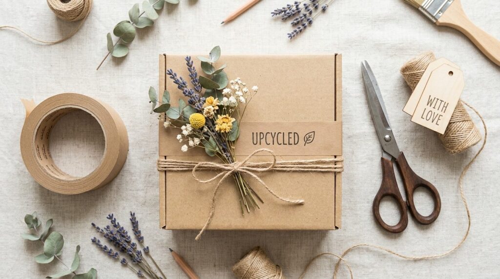 Top-down flat lay of sustainable upcycling project featuring