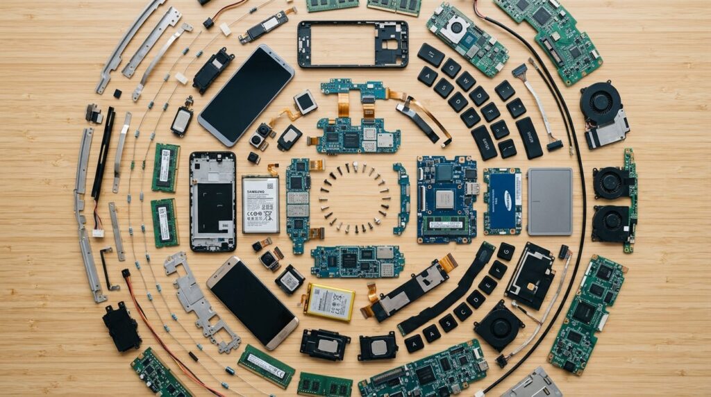 Close-up overhead shot of deconstructed electronic devices o