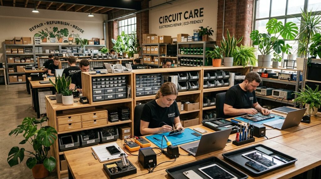 Wide angle photograph of a modern electronics repair worksho