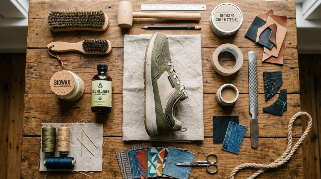 Flat lay overhead shot of sustainable shoe repair materials