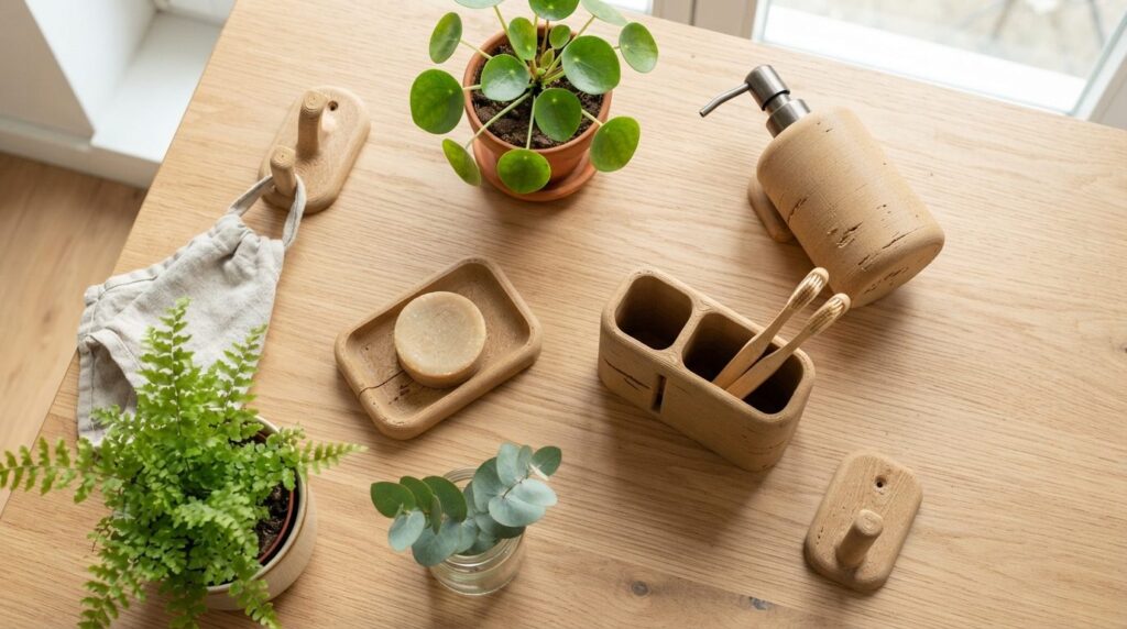 Flat lay composition of upcycled 3D-printed bathroom accesso