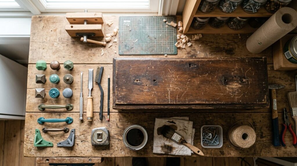 Flat-lay overhead view of upcycled furniture restoration pro