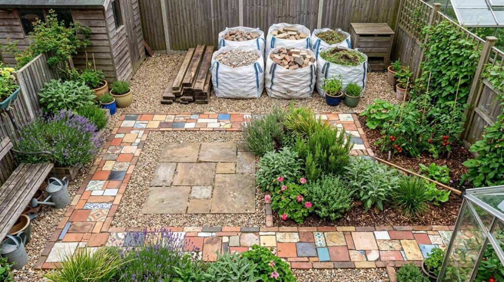 Overhead view of a completed upcycling garden project featur