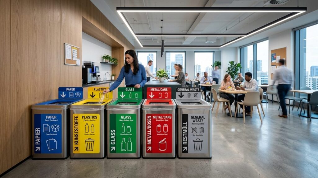 Moderne pauserum med sorteringsstationer og farvekodede affaldsbeholdere.