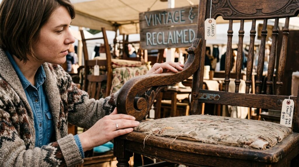 Detaljer af en møbeltransformation ved upcycling med værktøj og materialer synlige.