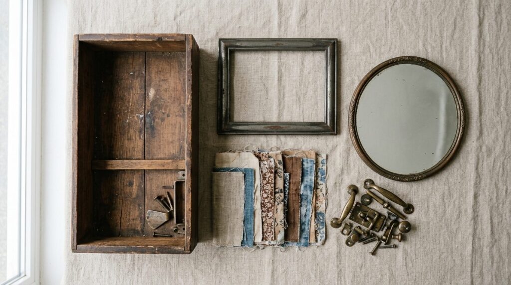 Kurateret udvalg af upcycling-materialer og møbler arrangeret fra oven.
