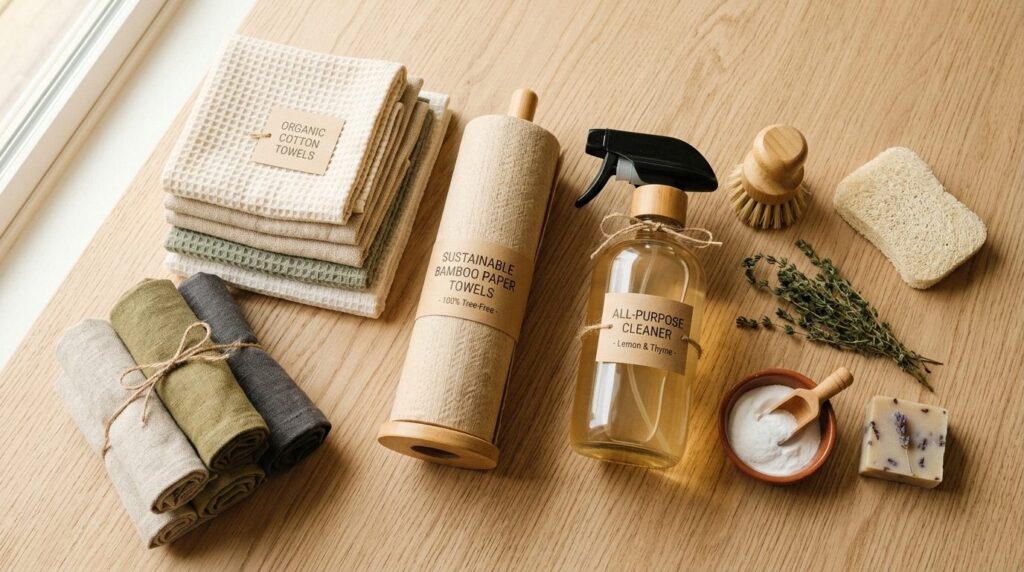 Close-up flat lay photography of eco-friendly kitchen cleani