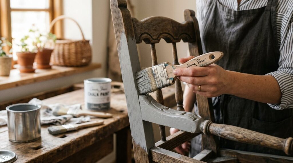 Close-up detailed shot of a hand applying chalk paint to an