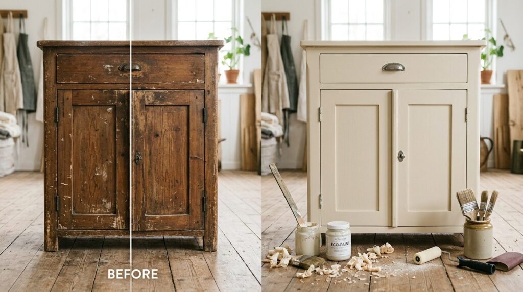Before and after split-screen composition of upcycled wooden