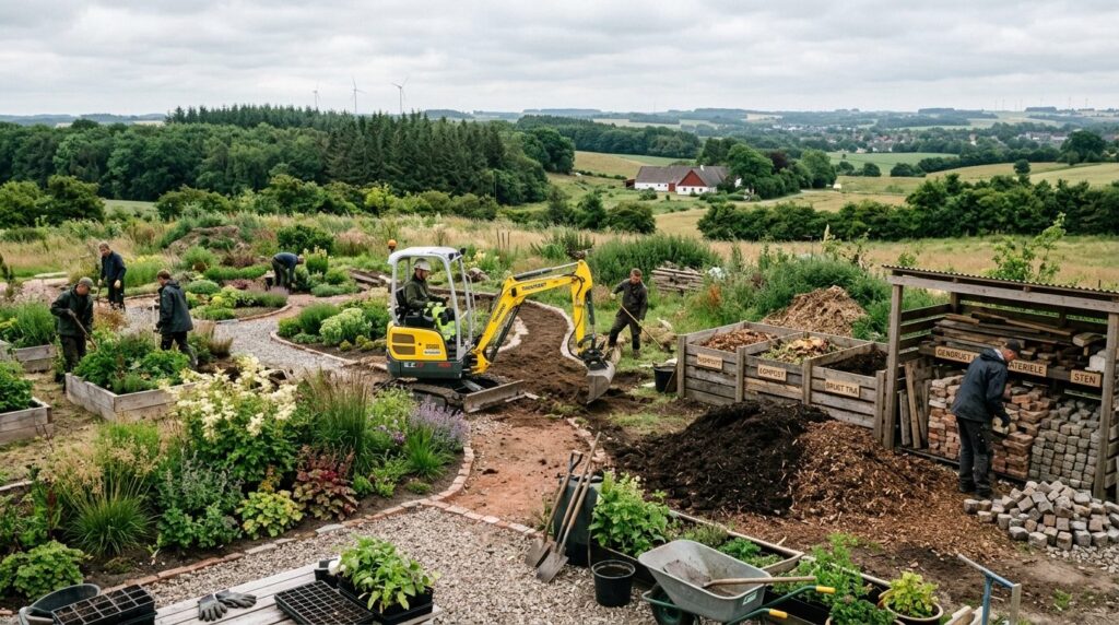 Wide-angle view of eco-friendly garden redesign project in M