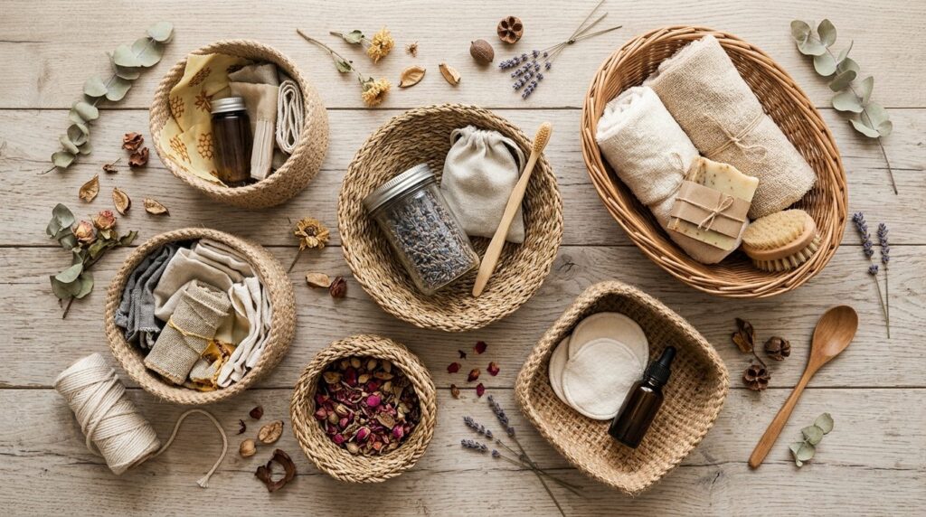 Flat lay overhead shot of various handwoven natural fiber ba
