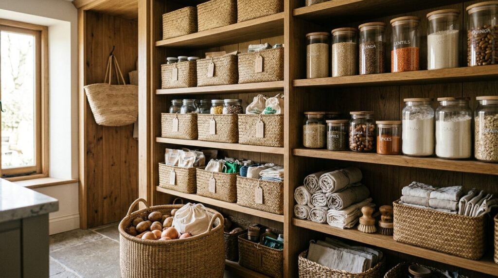 Lifestyle photography of a organized home pantry and storage