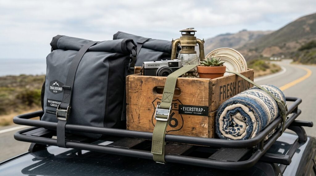 Close-up detail shot of sustainable roof rack accessories in
