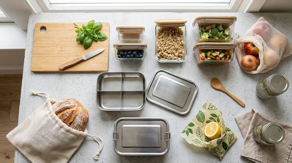 Flat lay overhead shot of eco-friendly food storage alternat