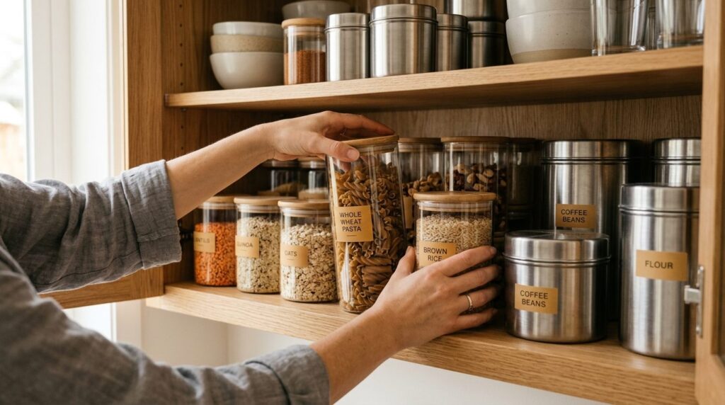 Close-up detail of hands organizing transparent glass food c