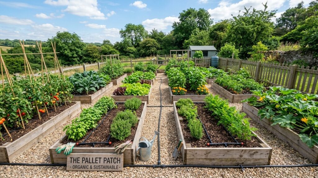 Wide angle garden scene featuring multiple upcycled pallet r
