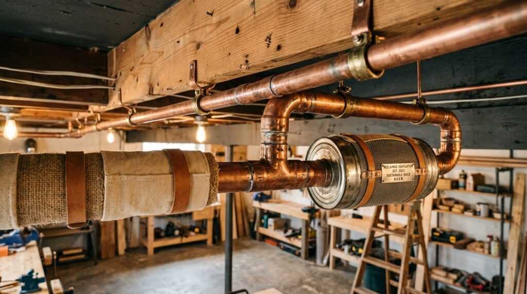 Close-up detail shot of an upcycled ventilation duct system