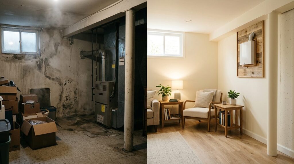 Before and after lifestyle photograph of a basement room fea
